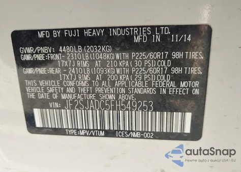 2015 Subaru Forester 2.5I Premium from USA, damaged, VIN JF2SJADC5FH549253